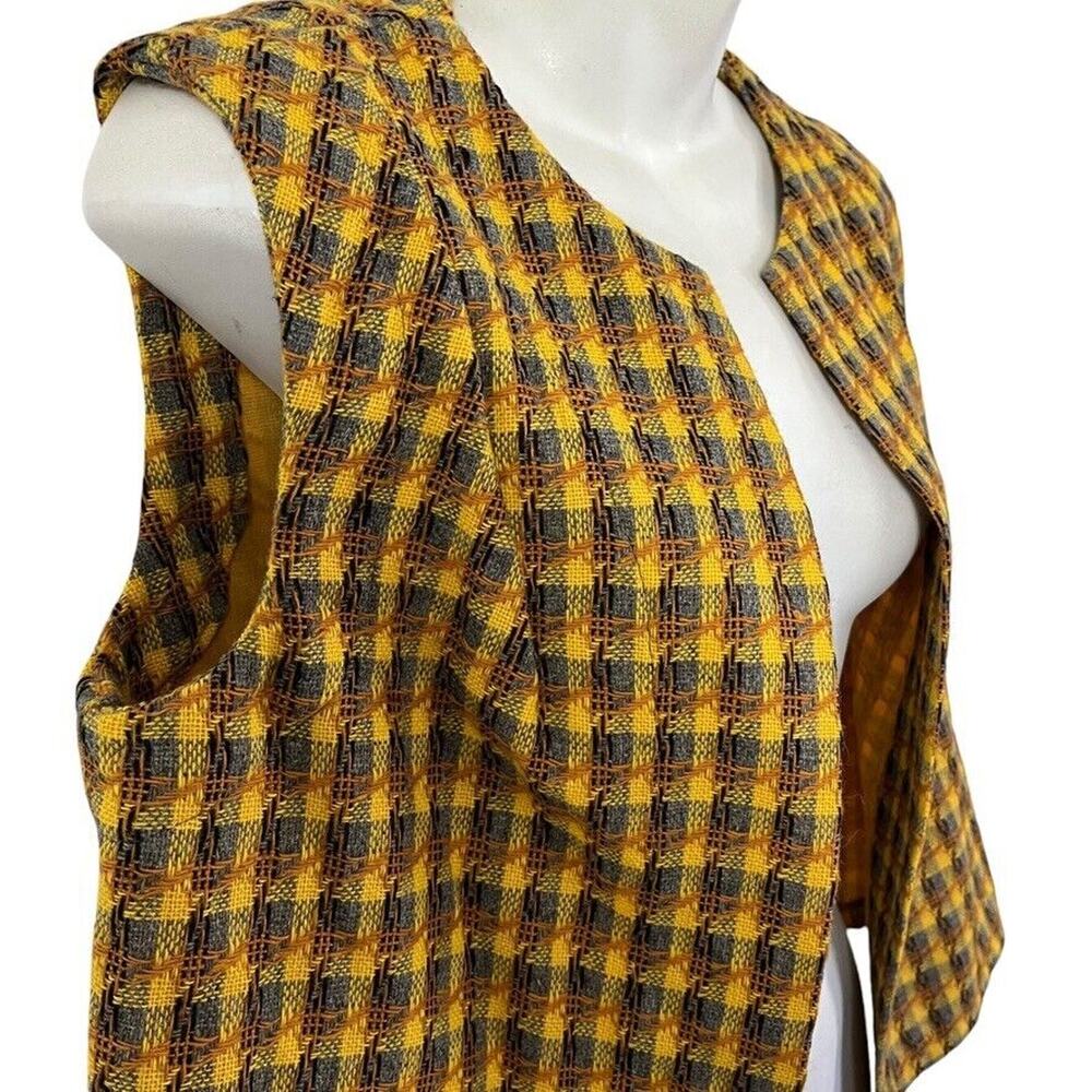 Womens Yellow Gray Tweed Plaid Open Style Vest Vintage Sleeveless Jacket sz M - Picture 4 of 16